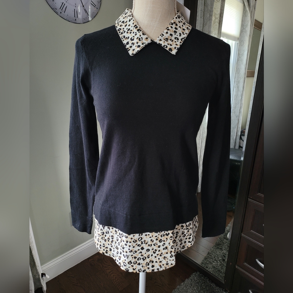 J Crew Woven Collar Sweater - Black Shadow Cat Combo - Size XXS